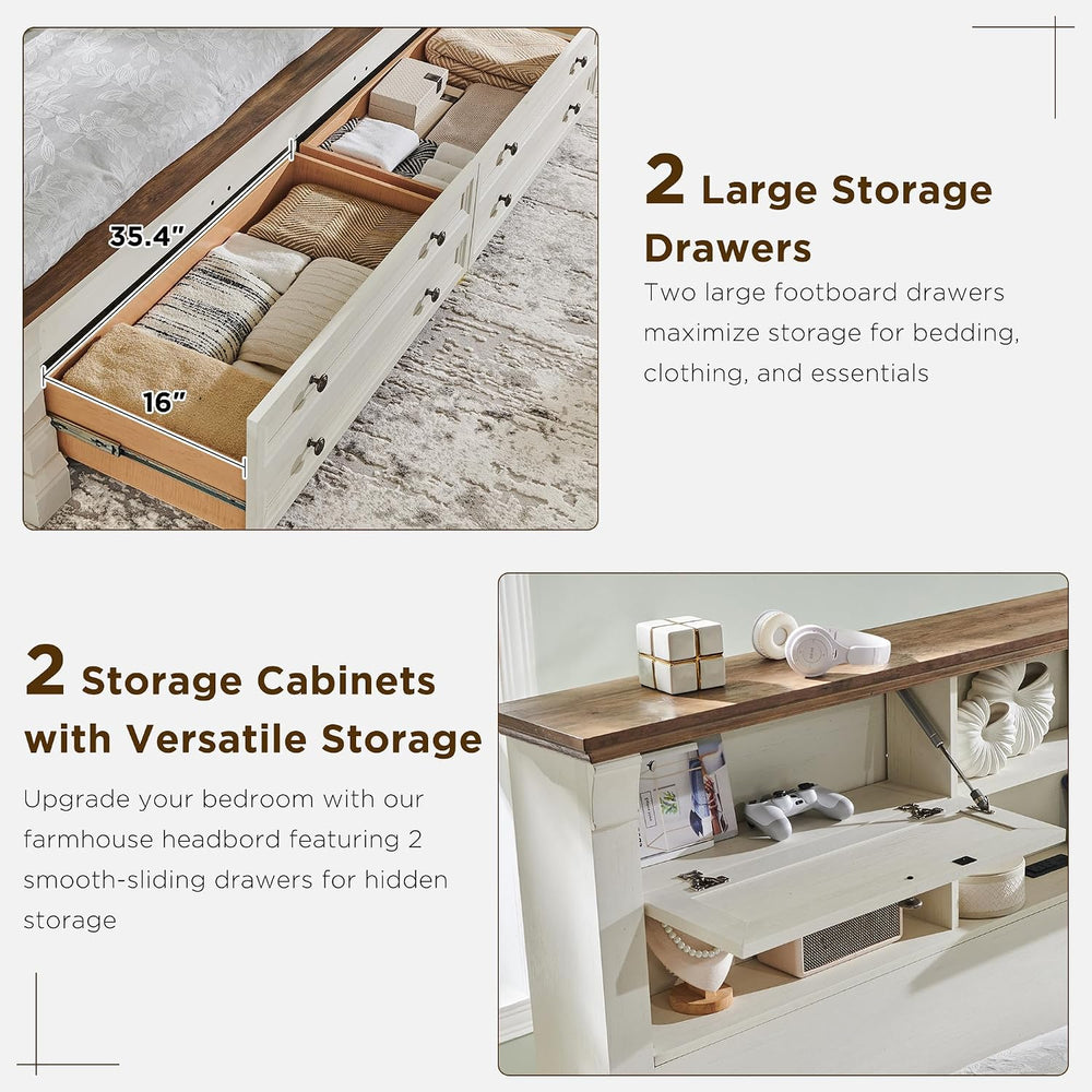 Farmhouse King Size Bed Frame with 2 Drawers & 4 Bookcases On The Headboard