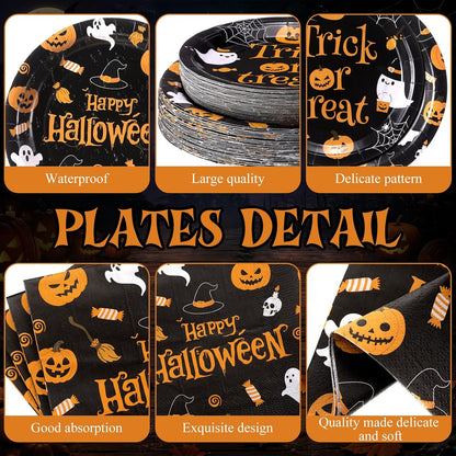 250 Pcs Halloween Party Supplies, Paper Plates Napkins and Cups, Black