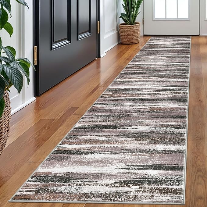 Modern Abstract Runner Rug 2x10, Dark Light Brown White Washable Long Kitchen by lansny