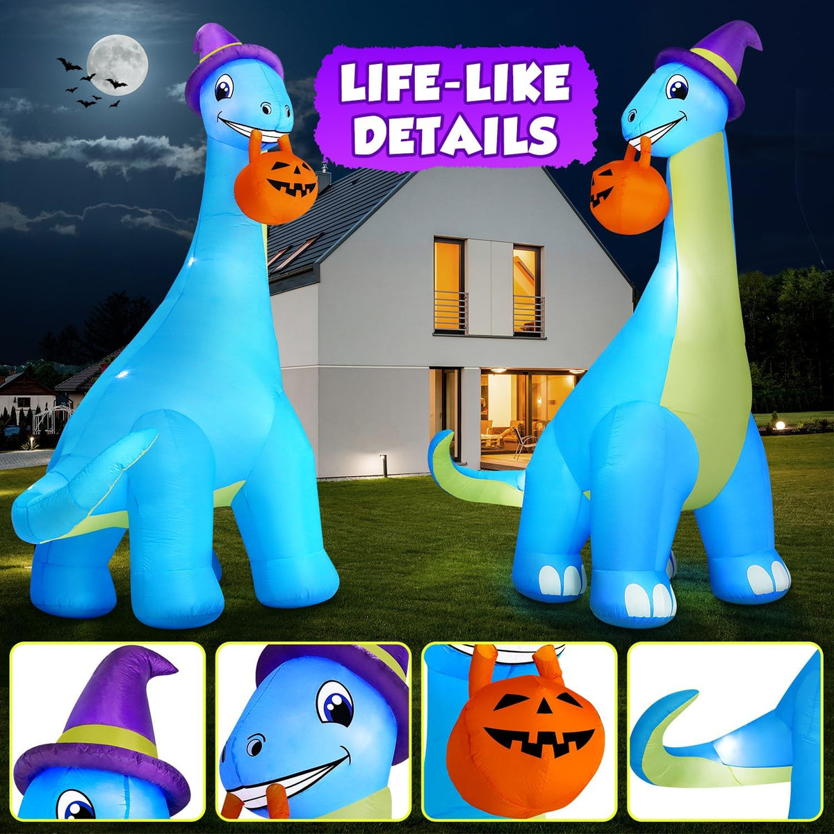 zukakii 13Ft Giant Halloween Inflatable Decorations Dinosaur, Build-in LEDs & Strong Blower Bite Huge Pumpkin with Witch Hat Large Blow Up Halloween Yard Outdoor Indoor Holiday Party