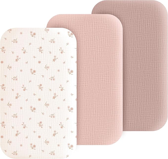 Muslin Bedside Sleeper Bassinet Fitted Sheets, 3 Pack Cotton Baby Sheet by Coreeky