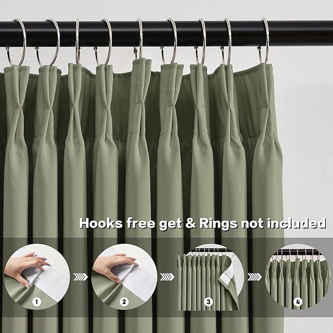 KEQIAOSUOCAI Light Sage Blackout Curtains Pinch Pleat Green Drapes 96 Inches - Image 2