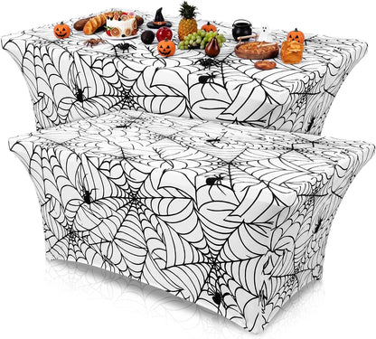 Frienda 2 Pcs Halloween Tablecloth 6ft White Spiderweb Stretch Table Covers
