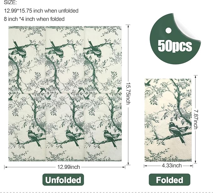 50 Pack Green Toile Paper Napkins, Special Birds and Tree Decorative Disposable - Image 2