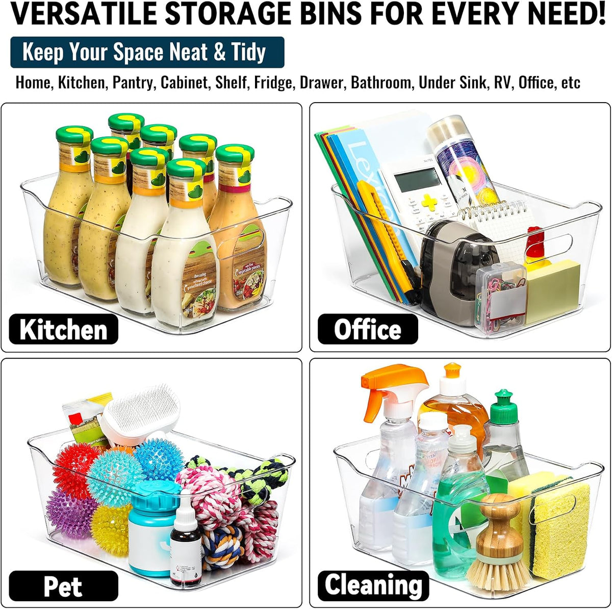 multi-use clear storage bins, pantry kitchen cabinet organizer on a desk or shelf