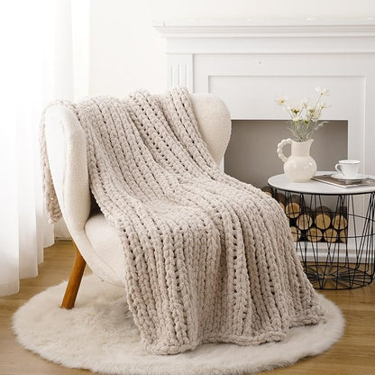 Battilo Beige Chunky Knit Throw Blanket, Soft and Thick Cream Chenille Throw - Image 2