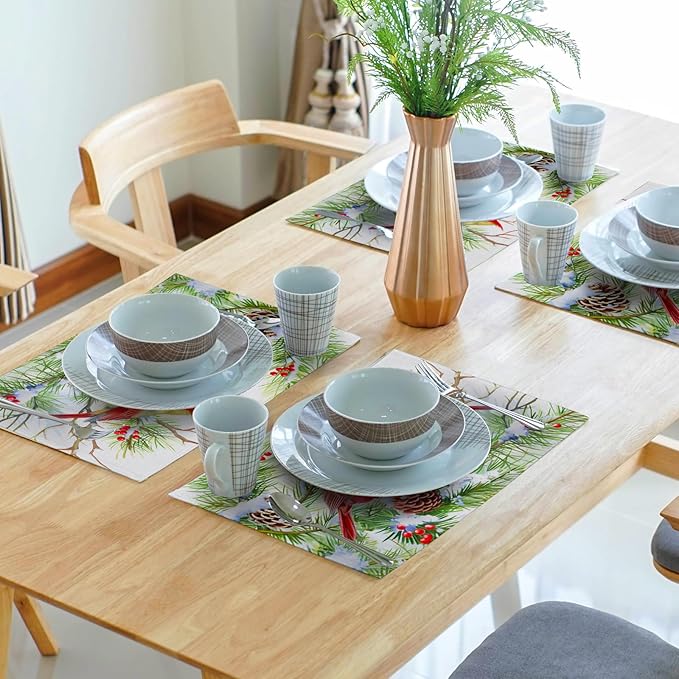 Giwawa Winter Birds Placemats Set of 4, Christmas Tree Holly Berry Pine Cones - Image 7