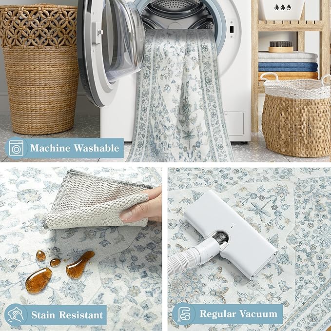 Moynesa Vintage Washable Blue 2x6 Hallway Runner Rug, Neutral Distressed - Image 5