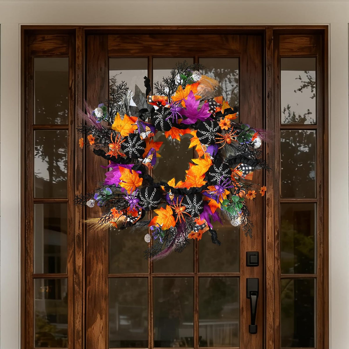 KBREE 22" Halloween Wreath for Front Door, Full Gothic Spooky Autumn Wreath with Black Corduroy Pumpkins, Glitter Orange Purple Spiders & Dark Twigs, Large Halloween Party Decor for Wall Window