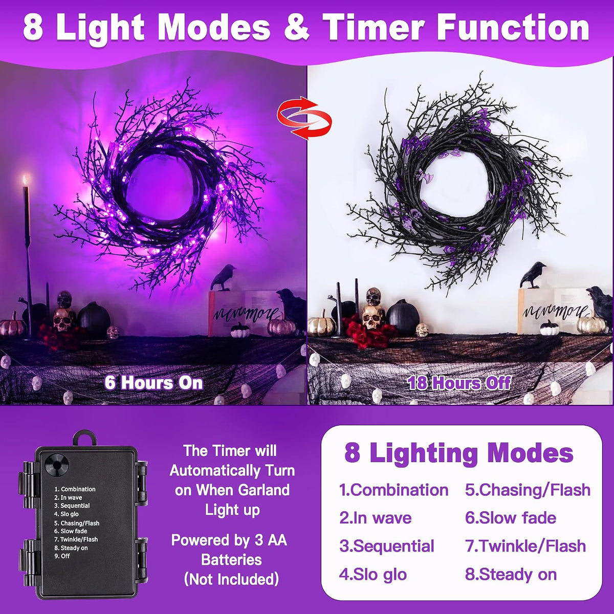 9FT 72 LED Willow Vine Twig Decor Black Halloween Garland with Bat & Purple LED Lights, 8 Modes Battery Operated Halloween Decorations Indoor for Mantle Fireplack Table Home Office Party Spooky Decor