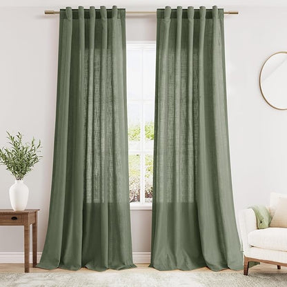 Olive Green Semi Sheer Curtains 108 Inches Long 2 Panels Back Tab Loop Pocket by Nanspring