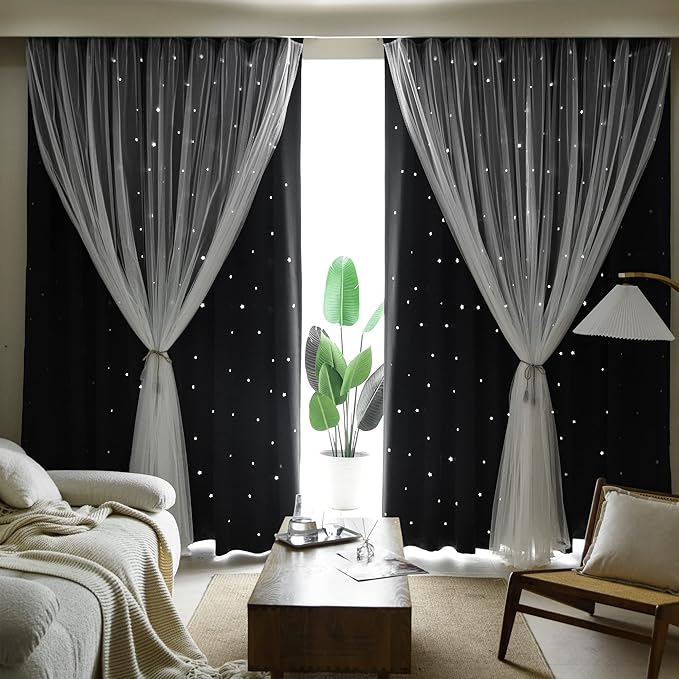 Kinryb Black Star Cutout Blackout 95 Inches Curtains Double Layer - Image 2
