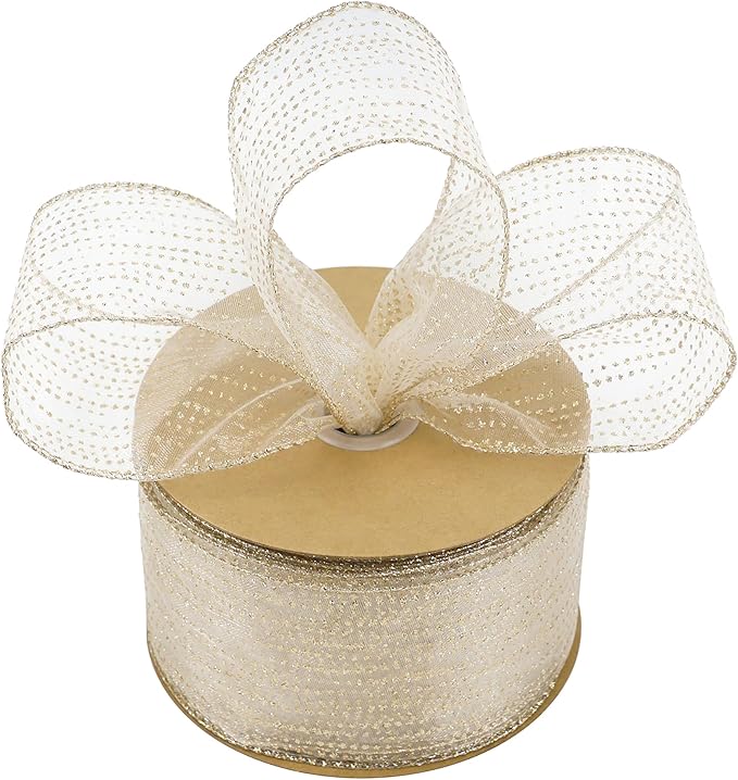 MEEDEE Champagne Gold Wired Ribbon 2.5 Inch Horizontal Stripes Glitter Polka - Image 7