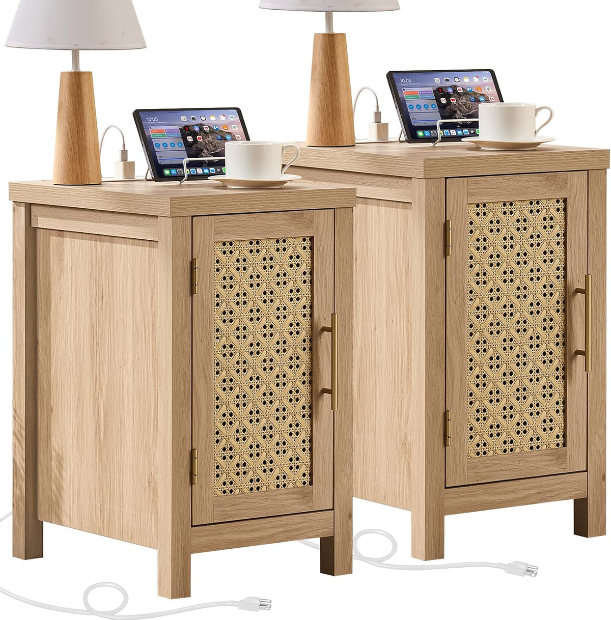 yufam rattan nightstand set of 2 with charging, main product view