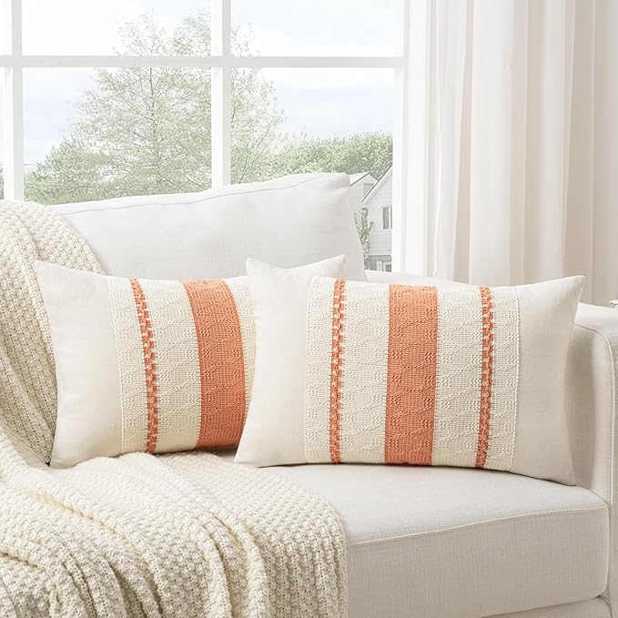 Fancy Homi Set of 2 Boho Coral Lumbar Decorative Throw Pillow Cover 12x20 Inch by Fancy+Homi