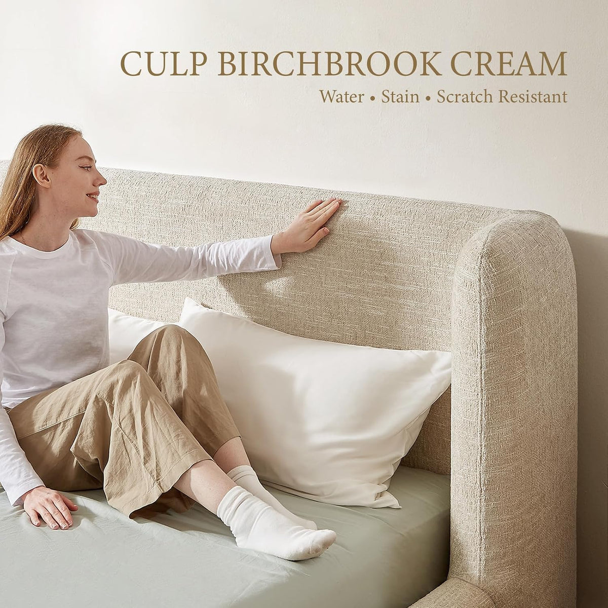 yechen queen platform bed frame, upholstered queen bed showing dimensions