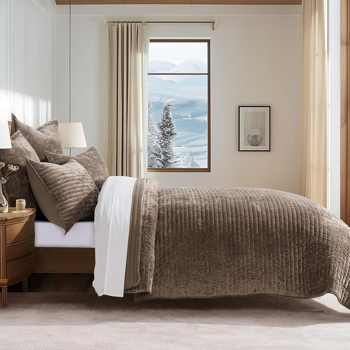 evergrace stripe channel luxury velvet quilt set king shown in use