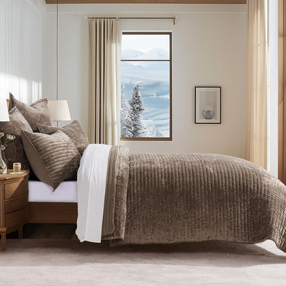 evergrace stripe channel luxury velvet quilt set king shown in use