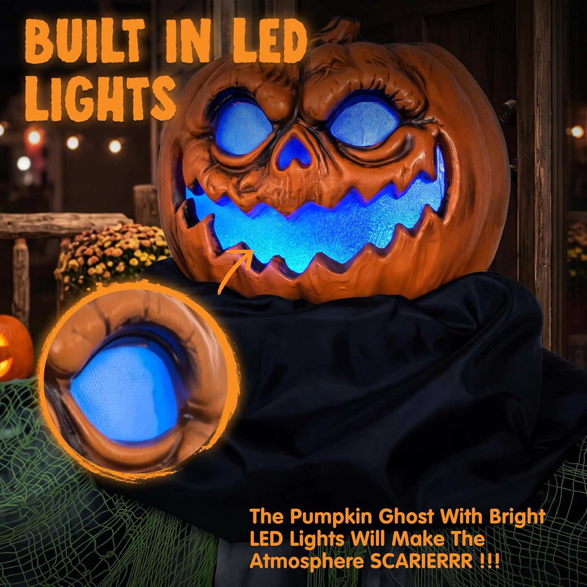 JOYIN Halloween Decorations Outdoor Life Size Animatronics Ghost Pumpkin Decor, Sound-Actived Haunted House Props with Creepy Sound for Garden Yard Lawn