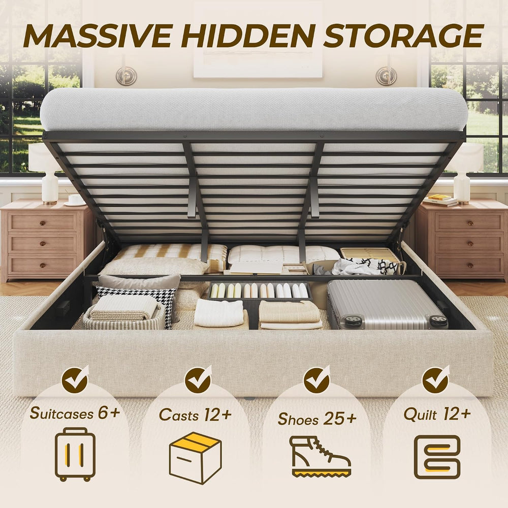 HISOFT King Size Lift Up Storage Bed Frame, Linen Upholstered Platform Bed wi...
