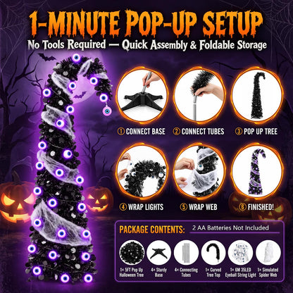 5FT Pop Up Halloween Tree with 35 Purple Eyeball Lights & Spider Web