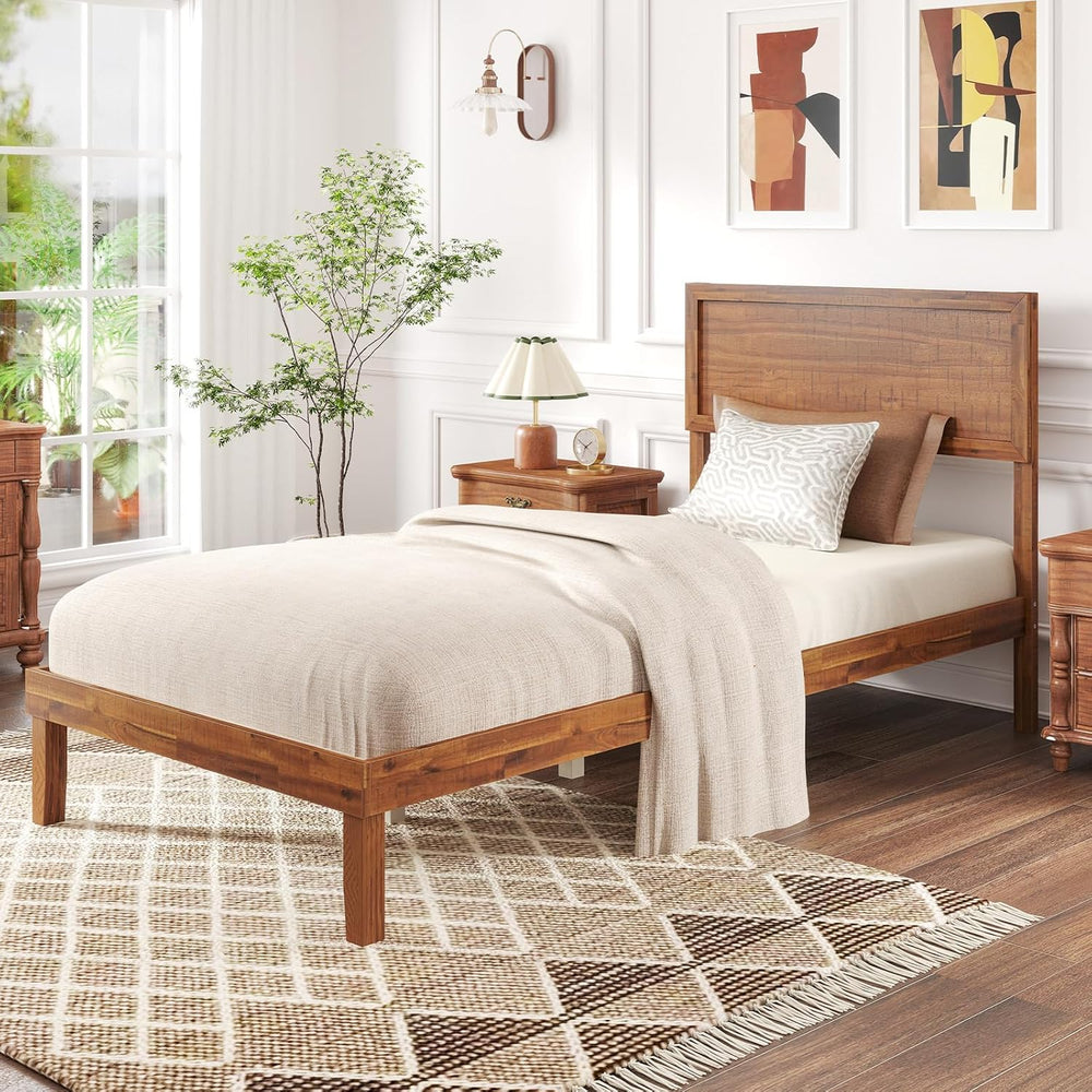 GIANTEX Wood Twin Bed Frames with Headboard, Mid Century Modern Platform Bed ...