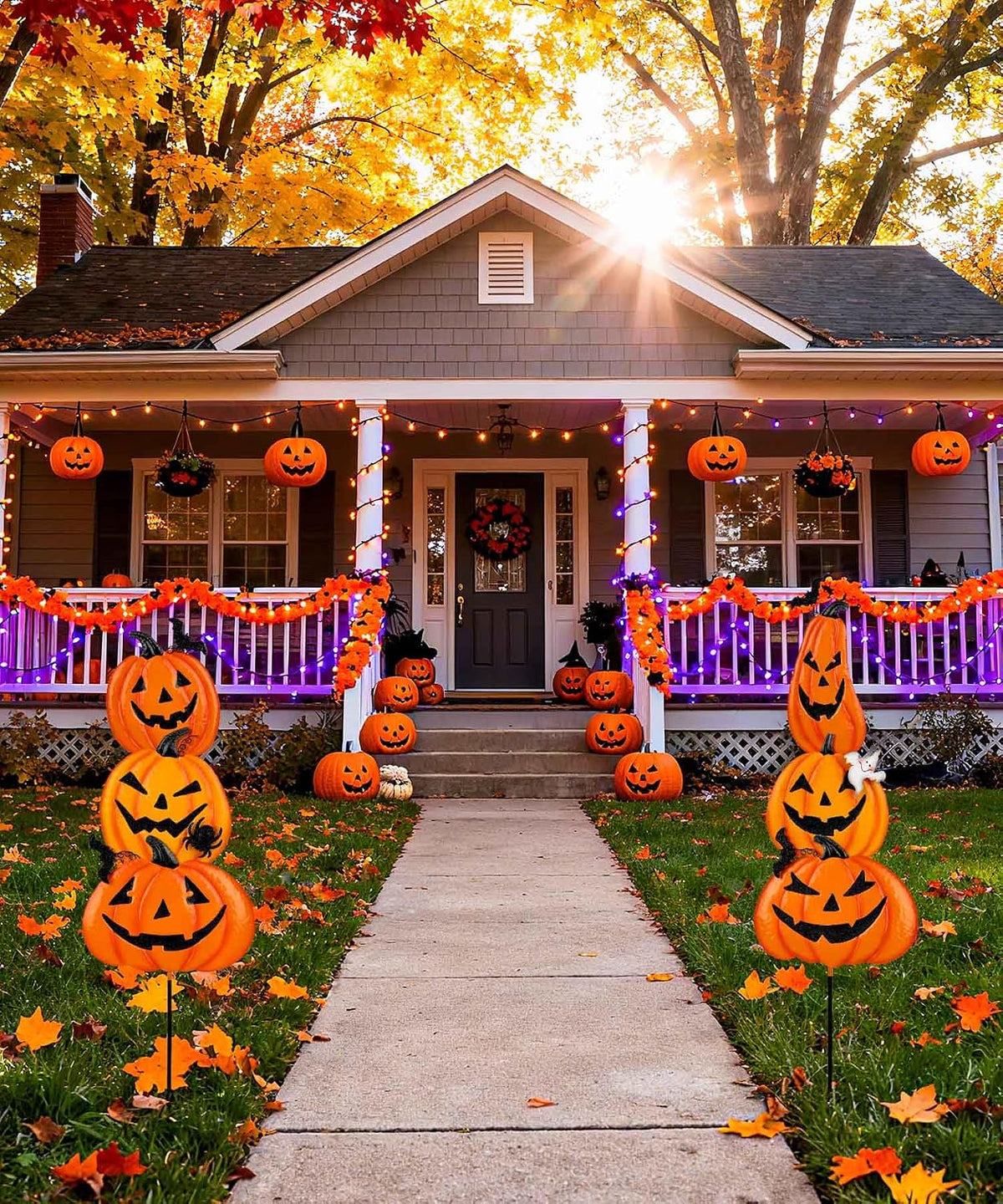 2 Pack Halloween Garden Stakes - Stacked Metal Pumpkins Jack-o-Lantern Lawn Decor, Scary Metal Yard Signs Stake Outdoor Decorative Pumpkin Home Lawn Pathway Decor