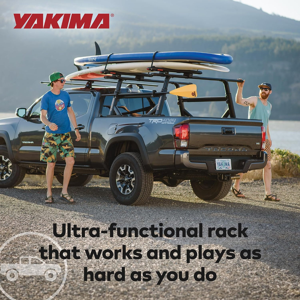yakima adjustable truck bed rack with tie down showing dimensions