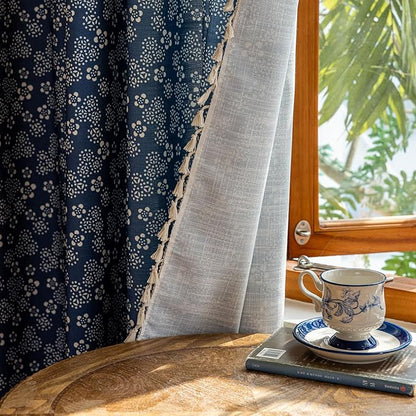 ENJOYBRIDAL White Floral Curtains 84 Inch Long Semi Sheer Navy Blue Drapes - Image 7