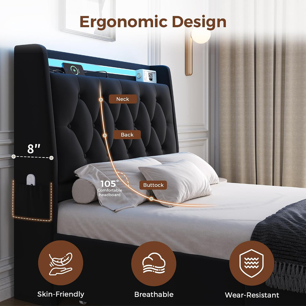 Twin LED Velvet Bed Frame with 2 Storage Drawers&Hidden Headboard, Uphols...