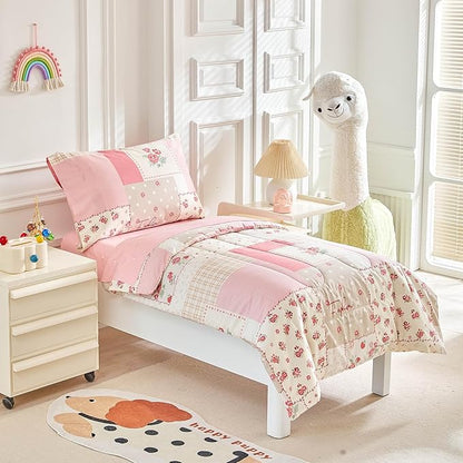 Joyreap 4 Piece Cotton Toddler Bedding Set- Pink Flower Plaids Patchwork Design - Image 2
