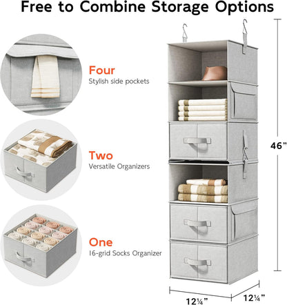 6-shelf hanging closet organizer with 3 drawers, separable, close-up detail