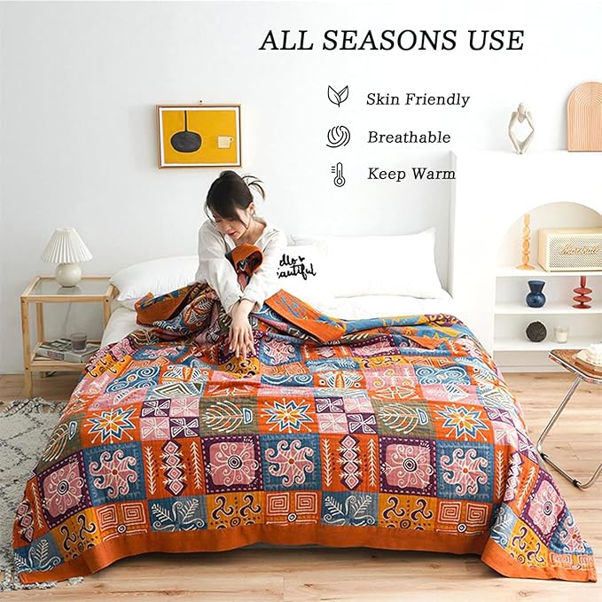 Cotton Throw Boho Blanket for Couch Bed, Cotton Quilted Boho 80''x90'' Muslin - Image 4
