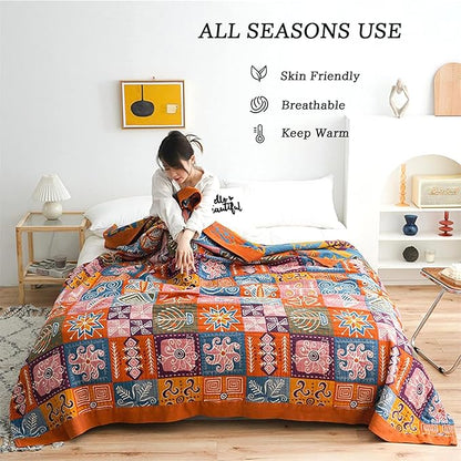 Cotton Throw Boho Blanket for Couch Bed, Cotton Quilted Boho 80''x90'' Muslin - Image 4