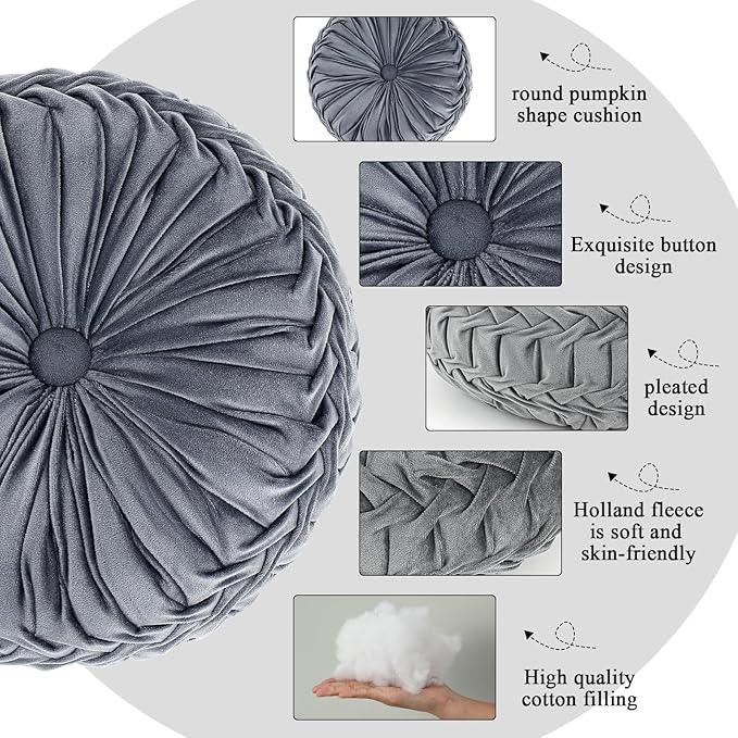 3 Pcs Round Throw Pillows Decorative Velvet Pleated Throw Pillows 15'' Diameter - Image 3