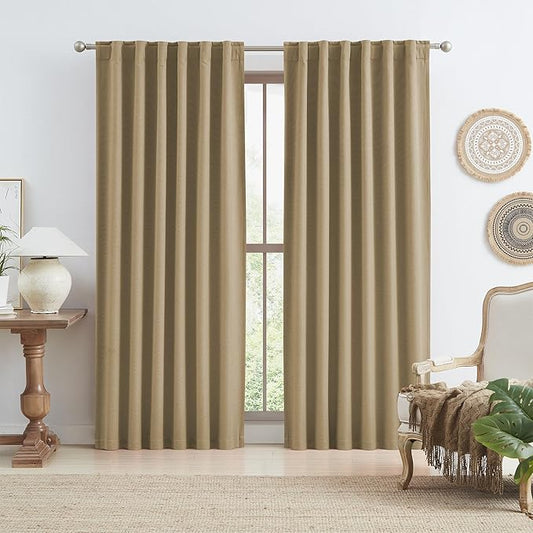 KEQIAOSUOCAI Tan Brown Burlap 100% Blackout Linen Textured Curtains 96 Inch by KEQIAOSUOCAI