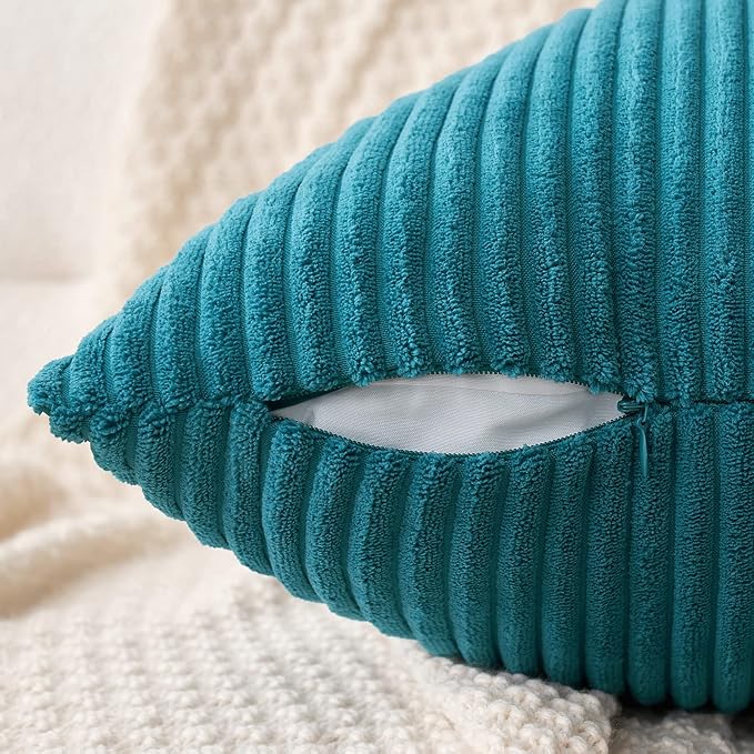 MIULEE Pack of 2 Teal Corduroy Pillow Covers Soft Boho Striped Throw Pillow - Image 3