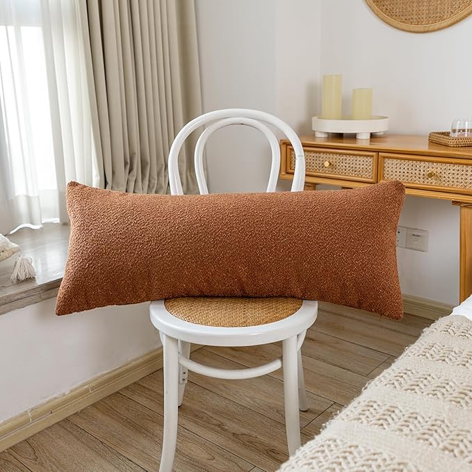 14x36 inch Boucle Lumbar Pillow Cover, Rust Woven Texture Neutral Long Pillow - Image 8