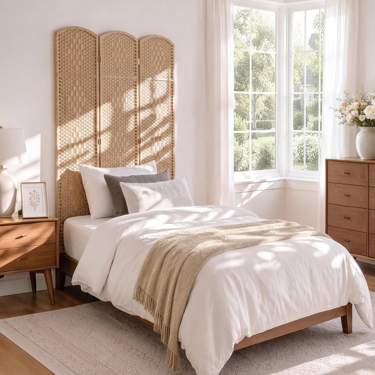 teakmama room divider,folding privacy screen,3 panel wall divider,natural showing dimensions