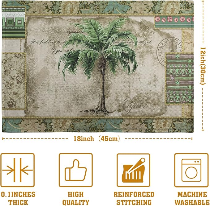 Tropical Palm Tree Placemats Set of 4 Summer Vintage Green Leaf Kitchen Table - Image 4