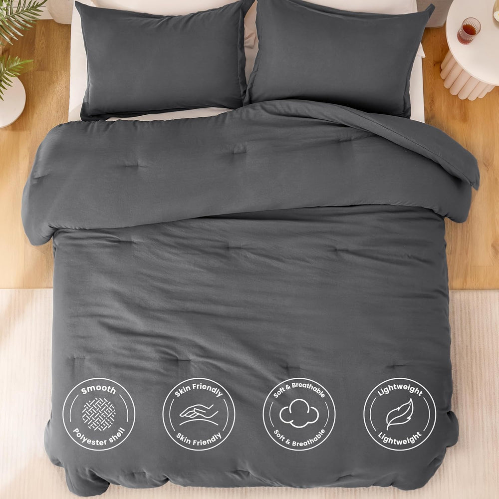 Love's cabin Dark Grey Queen Comforter Set, 3-Piece Prewashed Bed Set