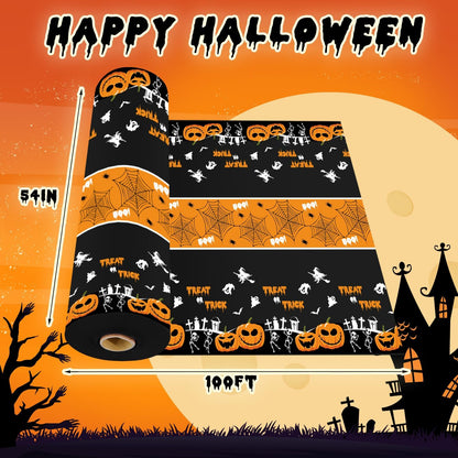 54 Inch X 100 Feet Plastic Table Cover Roll Disposable Halloween Tablecloth with Slide Cutter Pumpkin Ghost Plastic Table Covers for Halloween Party Decorations(Halloween Table Runner, 100Feet)