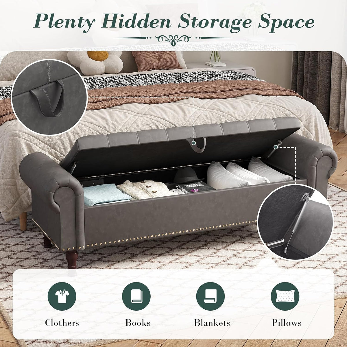 apicizon 60” bench with storage, upholstered tufted button showing dimensions