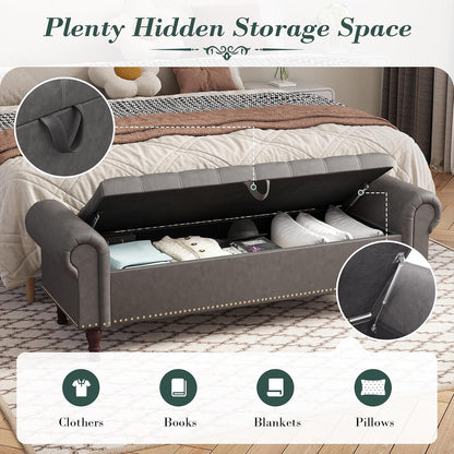 apicizon 60” bench with storage, upholstered tufted button showing dimensions