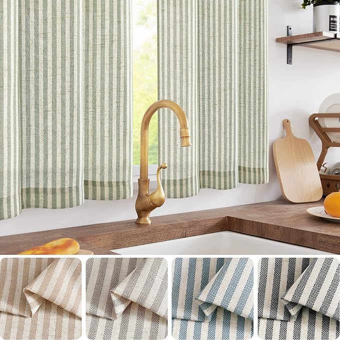 jinchan Striped Linen Kitchen Curtains 30 Inches Length Tier Curtains Farmhouse - Image 2