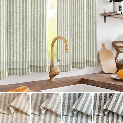 jinchan Striped Linen Kitchen Curtains 30 Inches Length Tier Curtains Farmhouse - Image 2