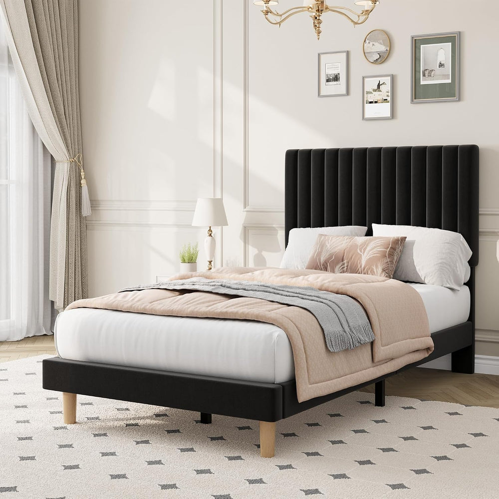 Twin Bed Frame with Adjustable Headboard, Velvet Upholstered Platform Bed