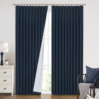Vision Home Navy Blue Pinch Pleated Full Blackout Curtains Linen Blended Room - Image 2