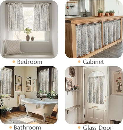 jinchan Floral Linen Tier Curtains Grey Flower on Beige Cafe Curtains 36 Inch - Image 3