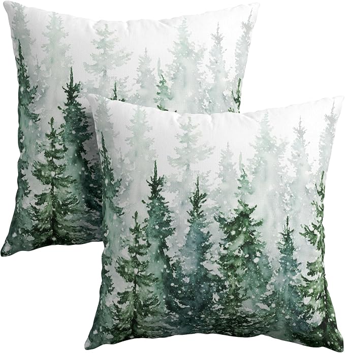Winter Forest Pillow Covers 18x18 Inch 2Pcs Watercolor Green Misty Pine Tree by Granbey